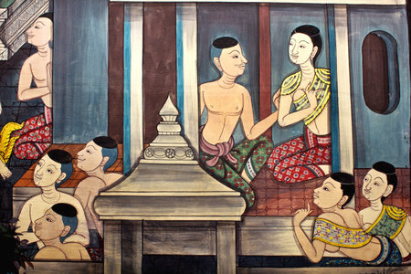 Art thai painting on wall in temple, Generality in Thailand, any kind of art decorated in Buddhist church etc  created with money donated by people, no restrict in copy or useのeditorial素材