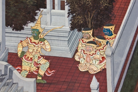 Vintage traditional Thai style art painting on temple for background, Generality in Thailand, any kind of art decorated in Buddhist church etc  created with money donated by people, no restrict in copy or useのeditorial素材