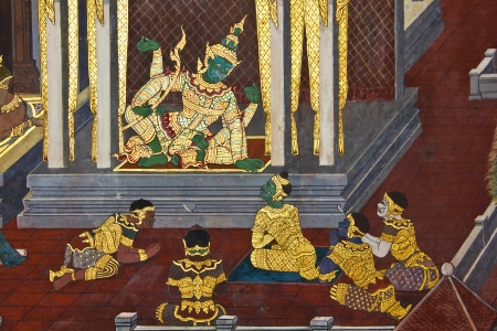Vintage traditional Thai style art painting on temple for background, Generality in Thailand, any kind of art decorated in Buddhist church etc  created with money donated by people, no restrict in copy or useの写真素材