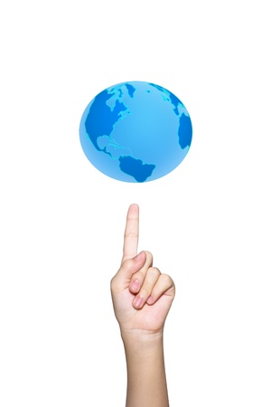 World spinning on index fingertip over white backgroundの写真素材