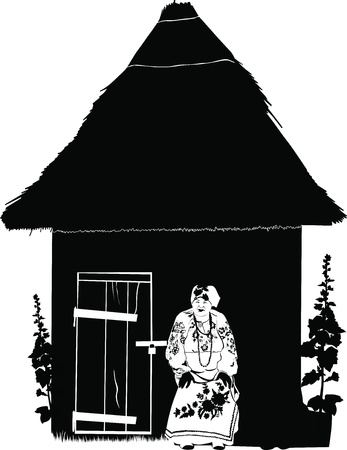 Granny woman in national costume sits at homeのイラスト素材
