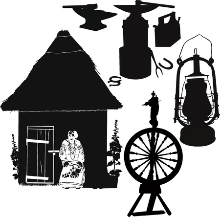 spinning wheel, lamp, antique anvil household itemsのイラスト素材