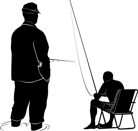 Man fishing. A man in a fishing a vacation getaway. black silhouette isolated on white background. People on vacation. Quiet hunting.のイラスト素材