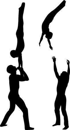 Gymnasts acrobats vector black silhouette on black background. Gymnasts acrobats vectorのイラスト素材