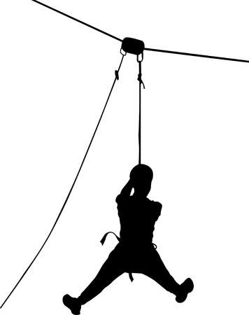 Boy in adventure park rope ladder. Strong young men in a rope park on the wood background. Silhouette Adventure. Rescue mountain unitのイラスト素材