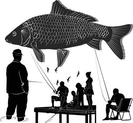 fishing people silhouettes collection. People catch fishのイラスト素材
