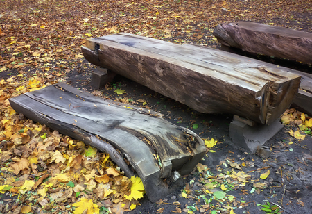 A bench and a table carved from a tree in an autumn parkの写真素材