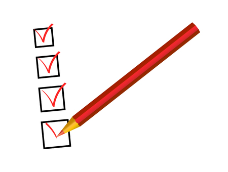 Red pencil with tick isolated on whiteのイラスト素材