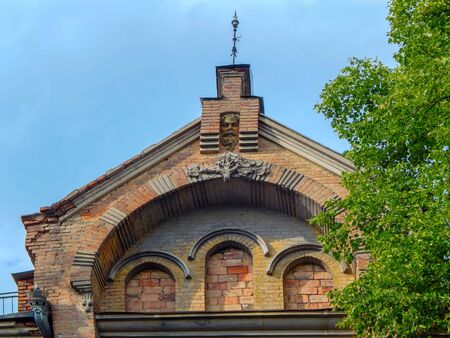 brick old roof, with walled-up windows, horizontal photoの写真素材