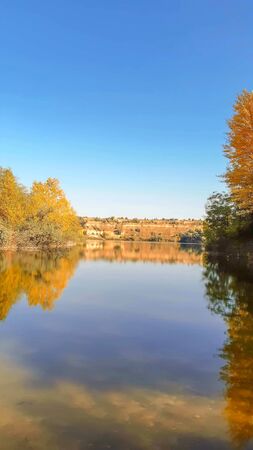 landscape river bank with yellow green trees on a summer day reflected in waterの写真素材