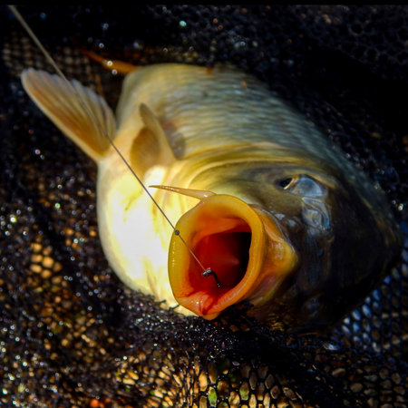 fish head caught on a hook, carp close-upの写真素材
