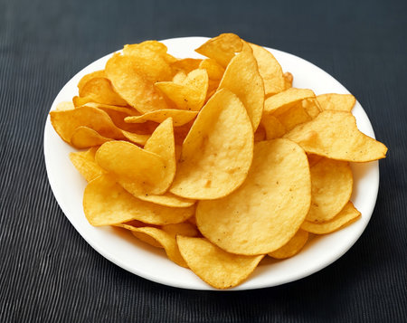 Crispy potato chips in a wicker bowl on old kitchen table.の素材