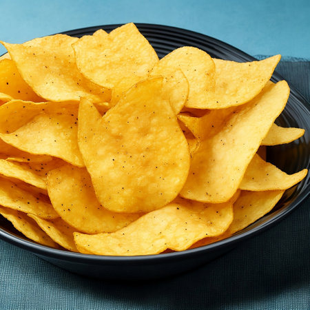 Crispy potato chips in a wicker bowl on old kitchen table.の素材