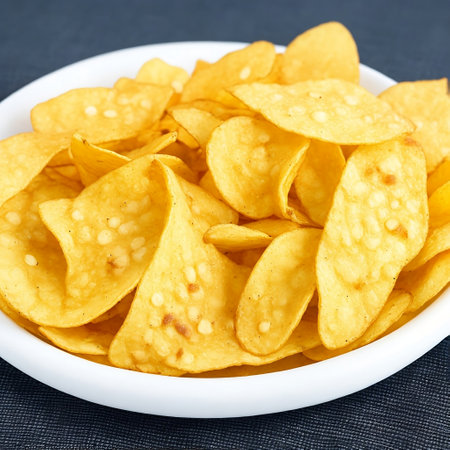 Crispy potato chips in a wicker bowl on old kitchen table.の素材