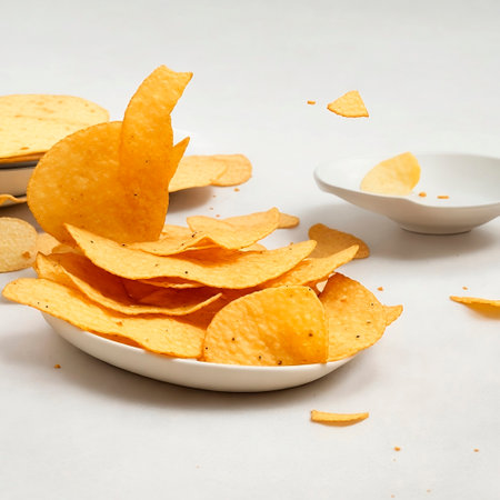 Crispy potato chips in a wicker bowl on old kitchen table.の素材