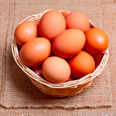 Chicken brown eggs in a wicker wooden basket Generative AIの素材