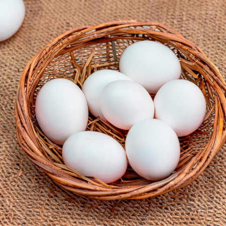 chicken white eggs in a wooden basket Generative AIの素材