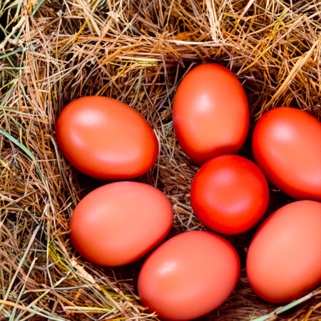 Chicken brown eggs in a wicker wooden basket Generative AIの素材