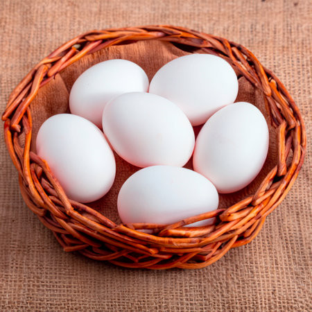 chicken white eggs in a wooden basket Generative AIの素材