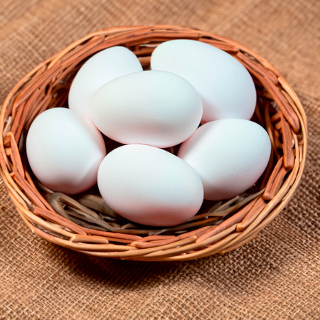 chicken white eggs in a wooden basket Generative AIの素材