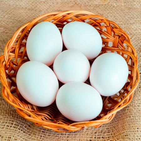 chicken white eggs in a wooden basket Generative AIの素材
