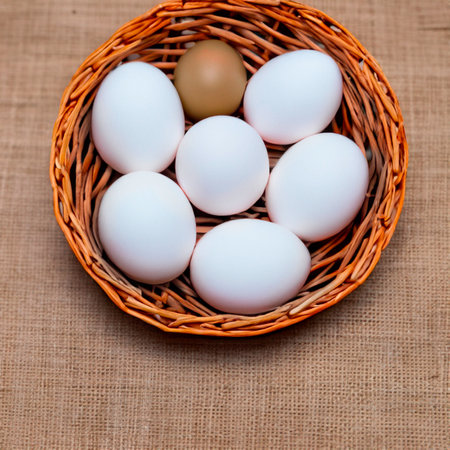 chicken white eggs in a wooden basket Generative AIの素材
