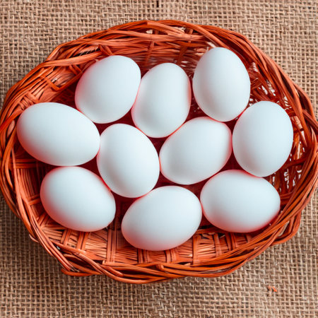 chicken white eggs in a wooden basket Generative AIの素材