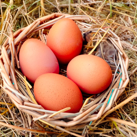 Chicken brown eggs in a wicker wooden basket Generative AIの素材