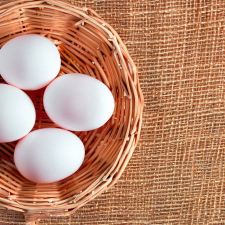 chicken white eggs in a wooden basket Generative AIの素材