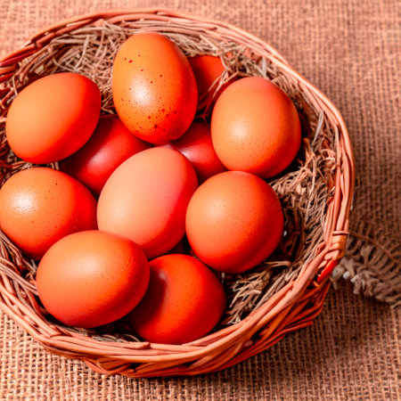 Chicken brown eggs in a wicker wooden basket Generative AIの素材