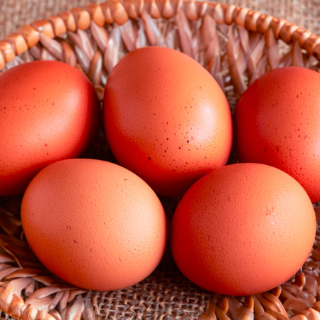 Chicken brown eggs in a wicker wooden basket Generative AIの素材