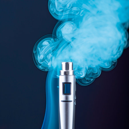 Electronic cigarette with blue smoke on a dark background. vape concept.の写真素材