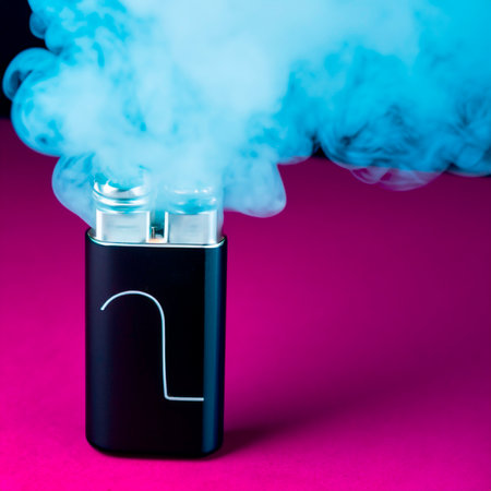 Vape e-cigarette with smoke on a pink background close upの写真素材