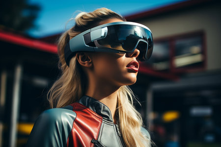 A young woman with blonde hair wears futuristic virtual reality glasses. She is looking forward with a serious expression. The background is blurred, and she is wearing a black leather jacket.の素材