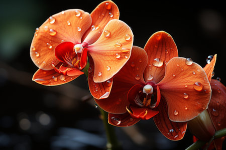 Elegant orange orchids with water drops isolated on a black background.の写真素材