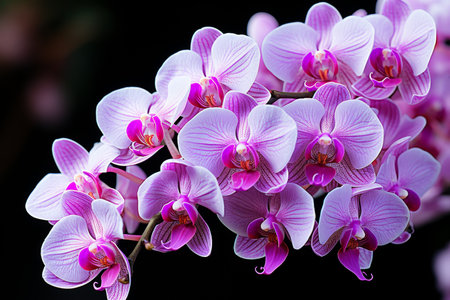 A stunning close-up of a vibrant pink orchid in full bloom, showing its intricate petal details against a dark background. Ideal for nature photography enthusiasts.の素材