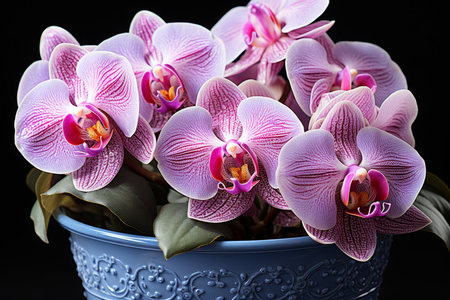 A beautiful orchid plant with purple and pink flowers in a modern pot on a black background. Exotic blooms and green leaves create an elegant indoor arrangement, symbolizing luxury.の素材