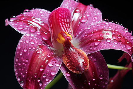 Exotic orchid flower with dew drops on petals isolated on black background. Symbol of love, beauty, and luxury. Ideal for websites, blogs, social media, cards, posters.の素材