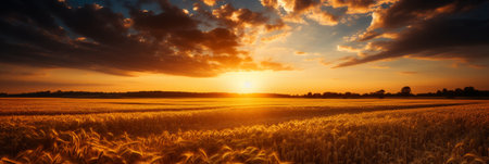 Beautiful scenic sunrise over lush wheat field agricultural landscape photographの素材