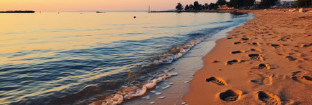 Tranquil scene of footprints left on sandy shore at the edge of the sparkling seaの素材