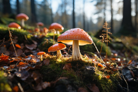 Mouse nibbling on fly agaric mushroom in dark forest surrounded by ancient trees and glowing fungiの素材