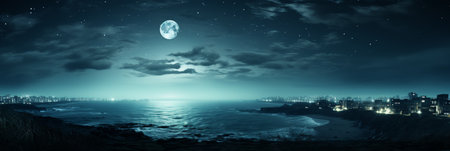 Tranquil moonlit reflection on the calm sea at night, illustrating serene beauty and mysteryの素材