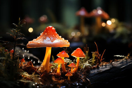 Mouse feasting on fly agaric mushroom in dark forest with ancient trees and glowing fungiの素材