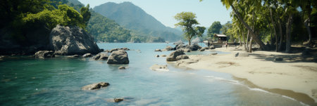 Scenic sandy shoreline with footprints from the sea waves enjoy natures beauty and serenityの素材