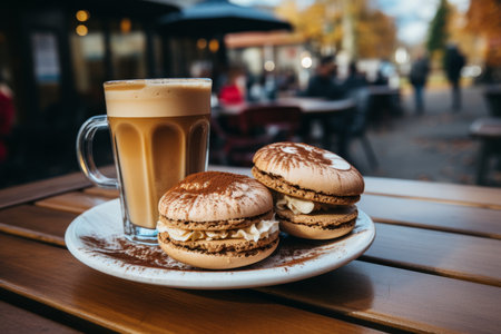Macaron cookies and coffee on table in bustling city cafe with view of urban streetの素材
