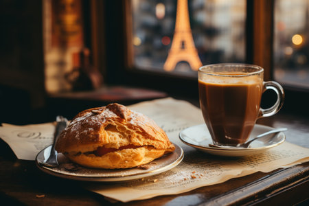 Cozy cafe scene with macarons and coffee by window in bustling urban city settingの素材