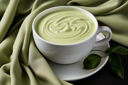 Green tea cup on elegant coffee table with cozy atmosphere background for relaxing sceneの素材