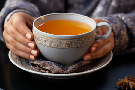 Close up of person holding steaming cup of herbal tea with vapor rising, relaxing tea time conceptの素材