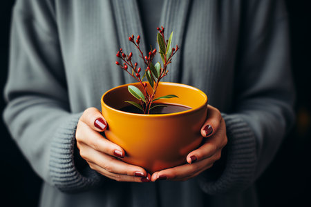 Close-up of person holding hot cup of tea with rising steam in a cozy atmosphereの素材