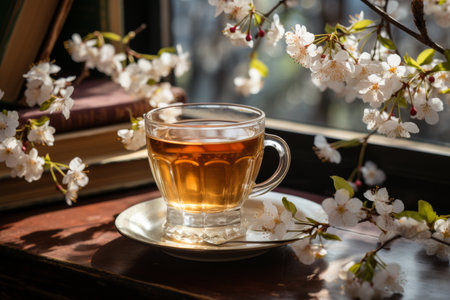 Serene scene of cozy tea time with chamomile tea and book in sunlit room settingの素材